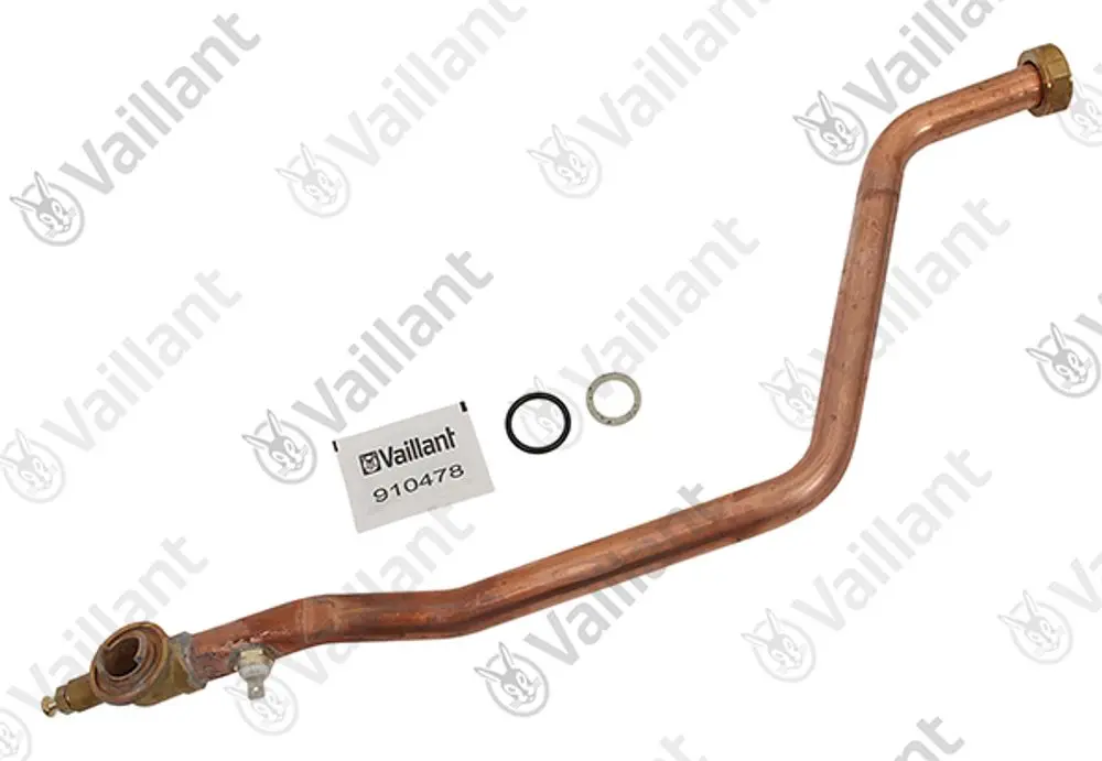 Kupferrohr von Vaillant mit Anschlussstück und Dichtungen. Das Rohr hat eine gebogene Form, geeignet für Heizungsinstallationen.